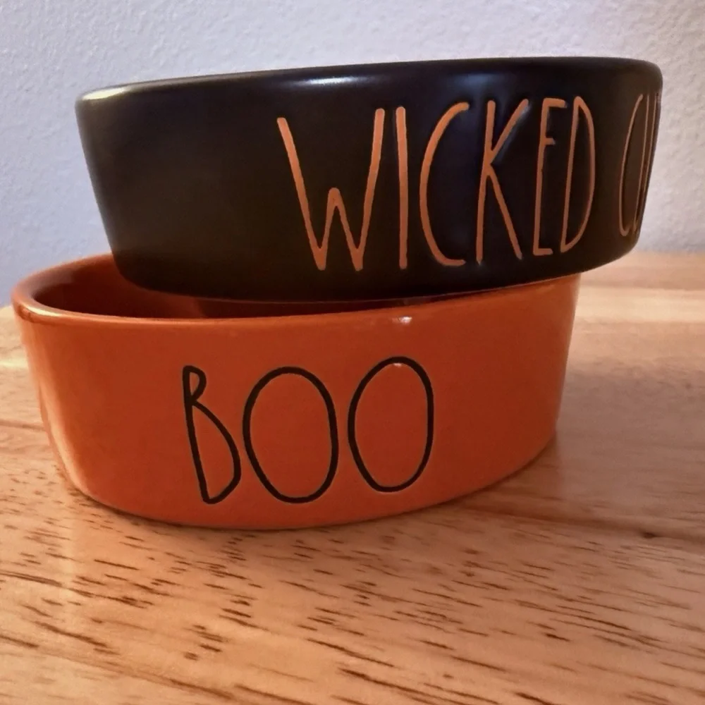 Rae Dunn Halloween Orange and Black Cat Bowls, 2 Pieces, BOO & WICKED CUTE